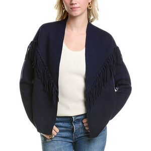 Meir Womens  Fringe Wool & Cashmere-Blend Cardigan, Blue